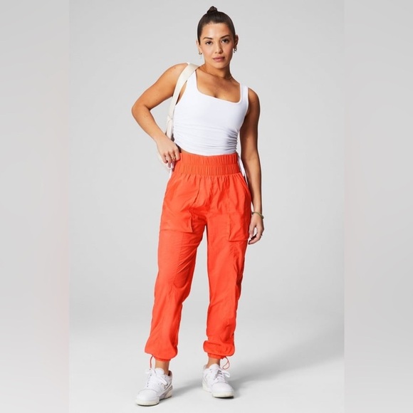 NWT Fabletics High-Waisted Piped Nylon Pant in Passion Orange - Picture 2 of 12